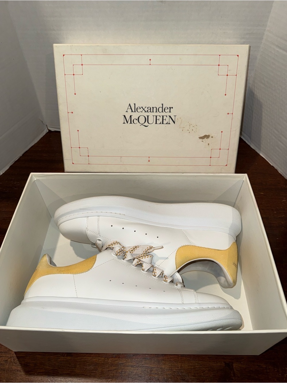Alexander McQueen White Leather Sneakers with Yellow Heel Accent